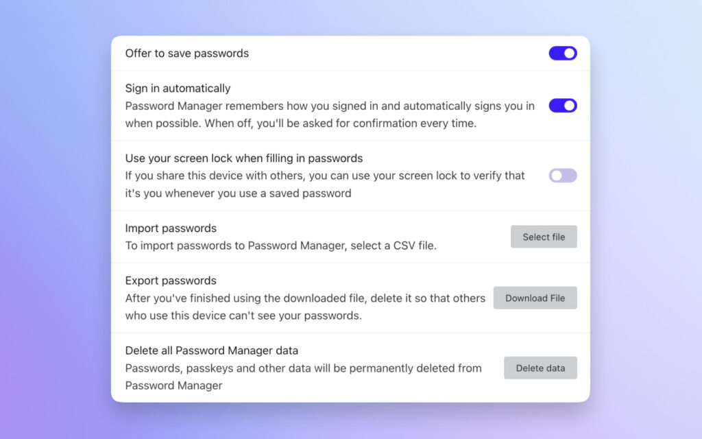 Within the Password Manager section in Settings, click Settings in the left sidebar for more detailed options.